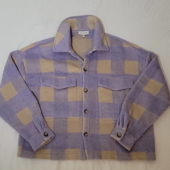 ACOA Plaid Shacket Oversized Jacket Purple Lavender Tan Button up Women's S/M - Picture 7 of 10